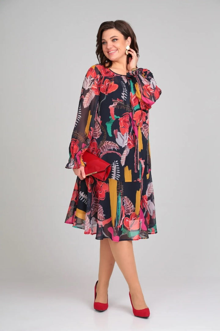 MARGOT | BOLD FLORAL PRINT LONG-SLEEVE CHIFFON MIDI DRESS