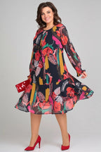 MARGOT | BOLD FLORAL PRINT LONG-SLEEVE CHIFFON MIDI DRESS