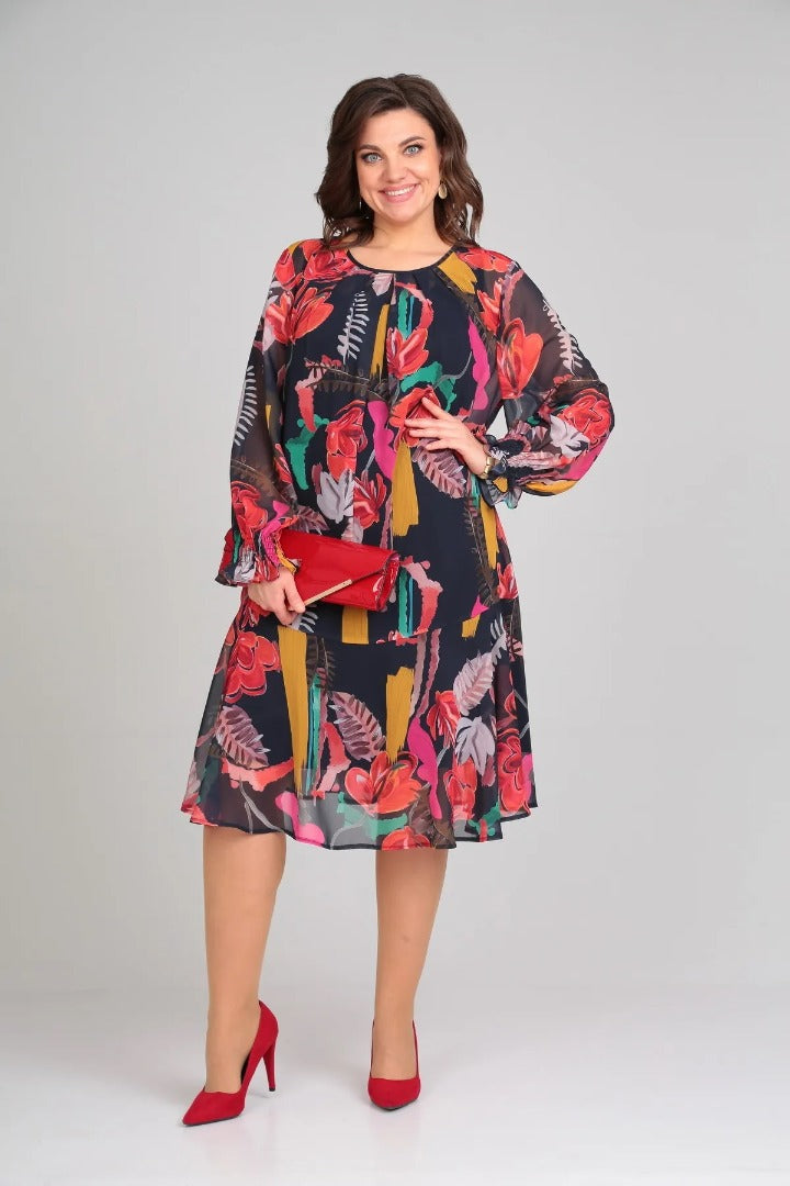 MARGOT | BOLD FLORAL PRINT LONG-SLEEVE CHIFFON MIDI DRESS