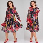 MARGOT | BOLD FLORAL PRINT LONG-SLEEVE CHIFFON MIDI DRESS