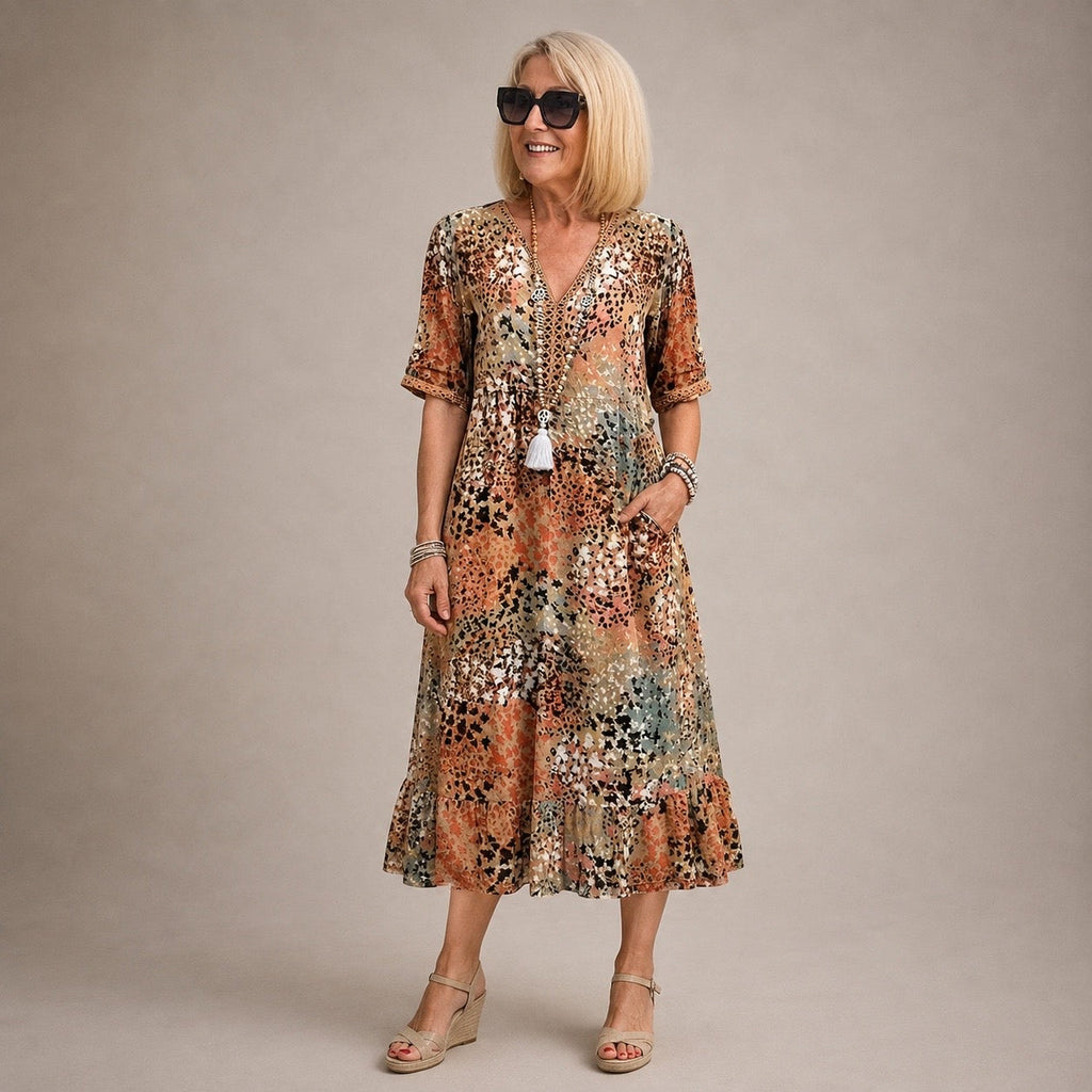 GLORIA | VIBRANT MIDI DRESS WITH ELEGANT TUMMY COVERAGE