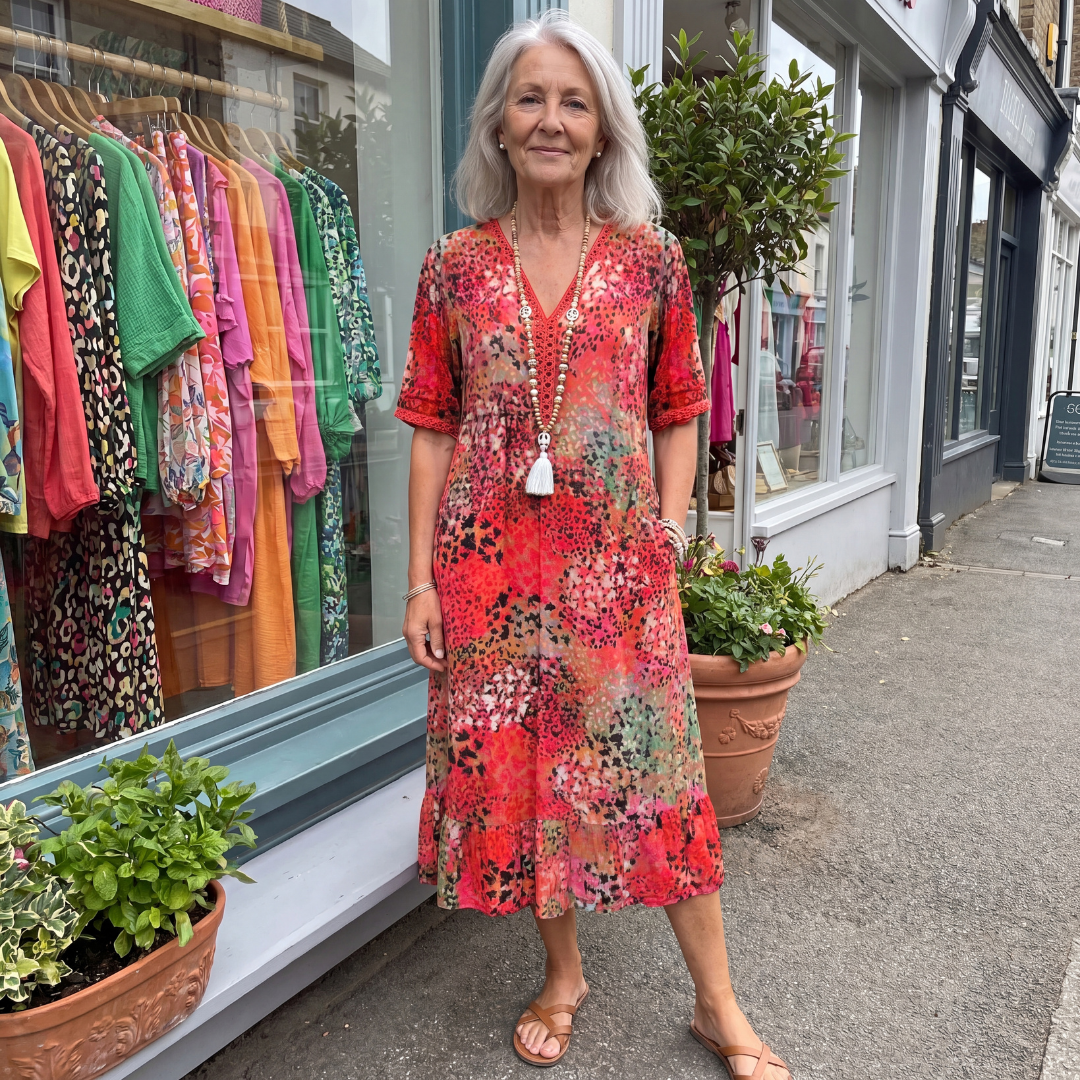 GLORIA | VIBRANT MIDI DRESS WITH ELEGANT TUMMY COVERAGE