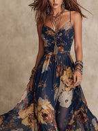 Demy | Navy Blue Chiffon Floral Print Spaghetti Strap Maxi Dress