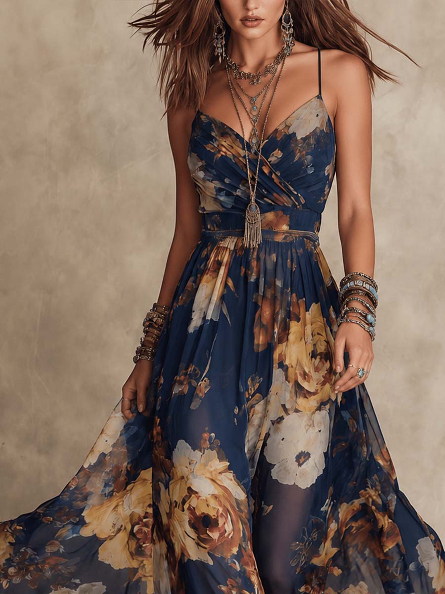 Demy | Navy Blue Chiffon Floral Print Spaghetti Strap Maxi Dress