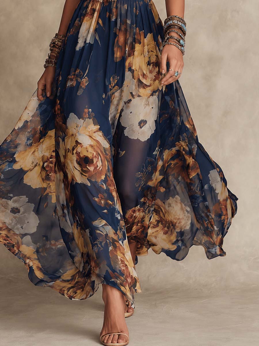 Demy | Navy Blue Chiffon Floral Print Spaghetti Strap Maxi Dress