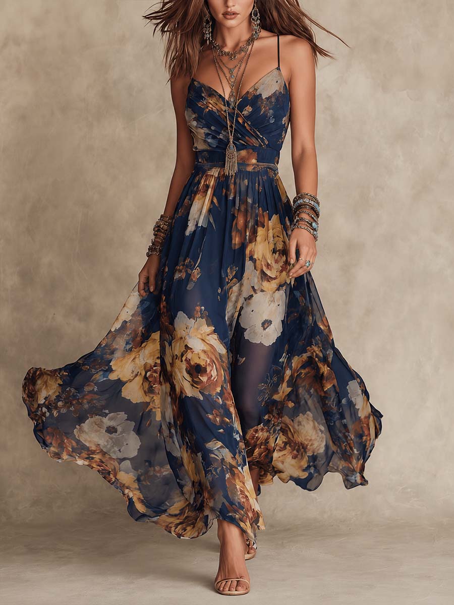 Demy | Navy Blue Chiffon Floral Print Spaghetti Strap Maxi Dress