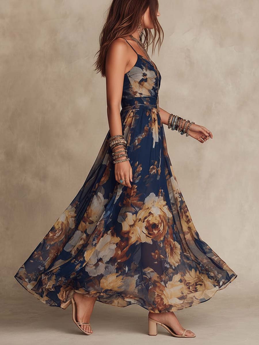 Demy | Navy Blue Chiffon Floral Print Spaghetti Strap Maxi Dress