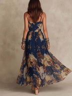 Demy | Navy Blue Chiffon Floral Print Spaghetti Strap Maxi Dress