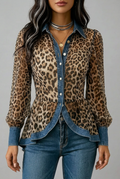 Fablenne | Leopard Print Denim Panel Contrast Longline Jacket