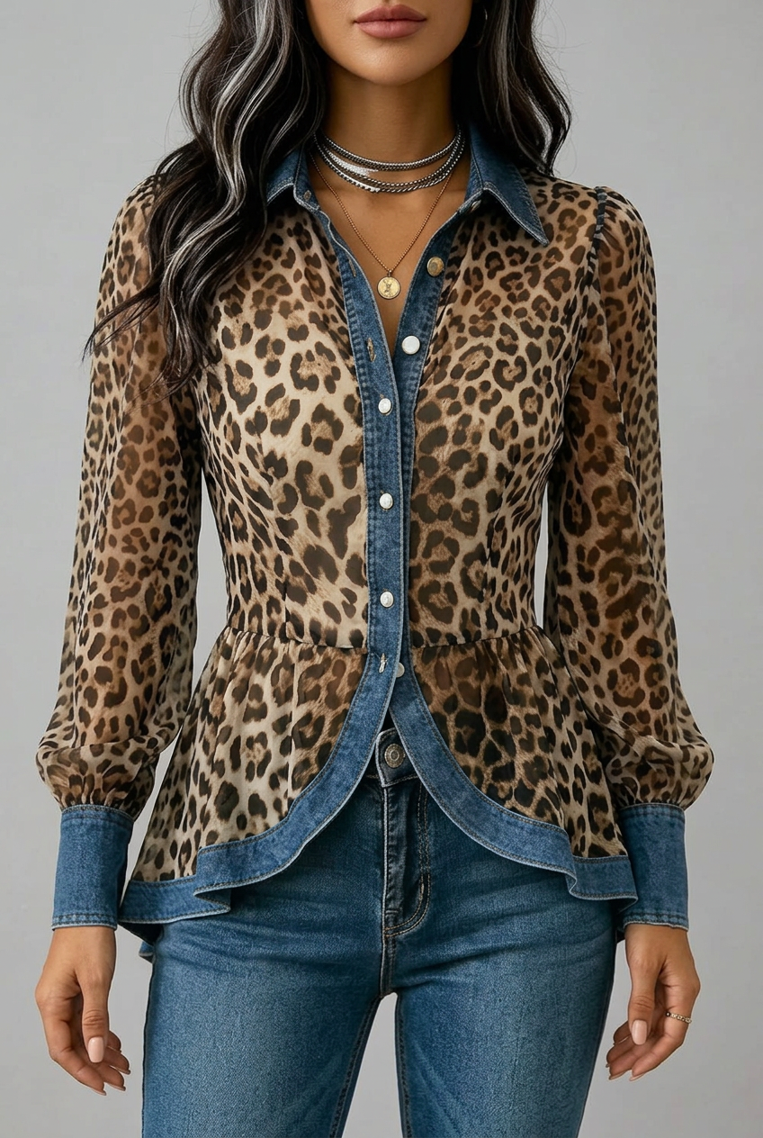 Fablenne | Leopard Print Denim Panel Contrast Longline Jacket