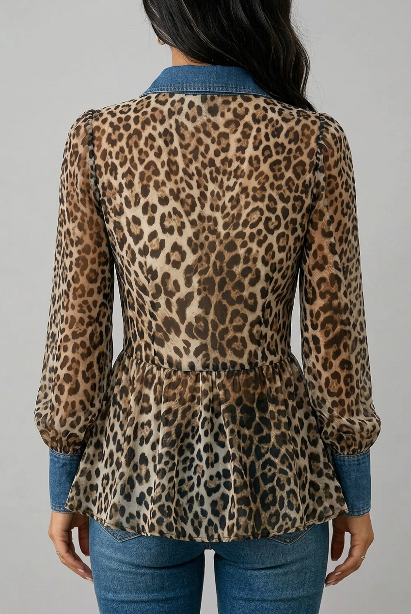 Fablenne | Leopard Print Denim Panel Contrast Longline Jacket